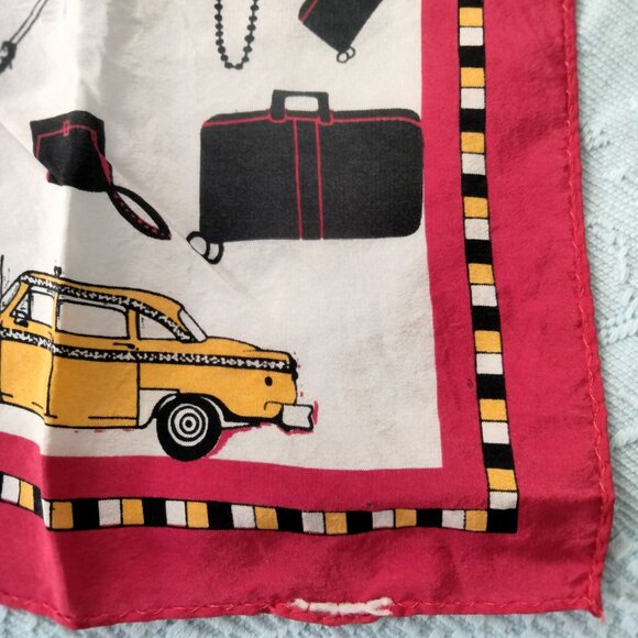 VTG JONES NEW YORK Red & White Square 20" Scarf w/ Yellow Taxi Travel Print - Picture 4 of 11